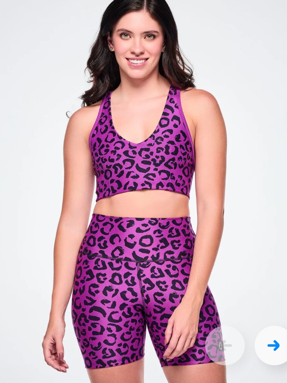 Zumba Women’s Purple Leopard Print Sports Bra and shorts Stylish Support